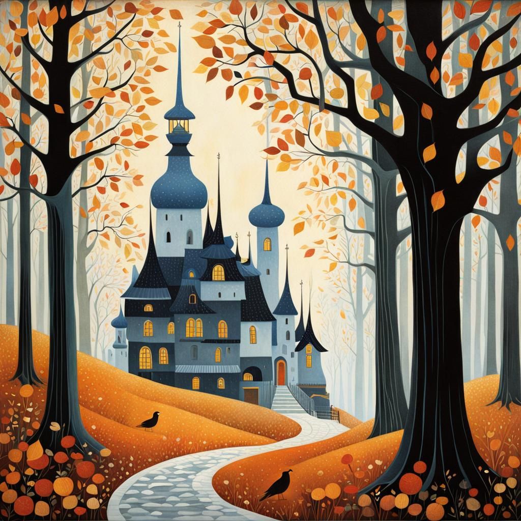 Fantastical Autumn Morning Scene in Illustrative Style