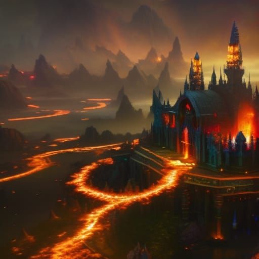 Origami Church with Erupting Volcano in Giger Style