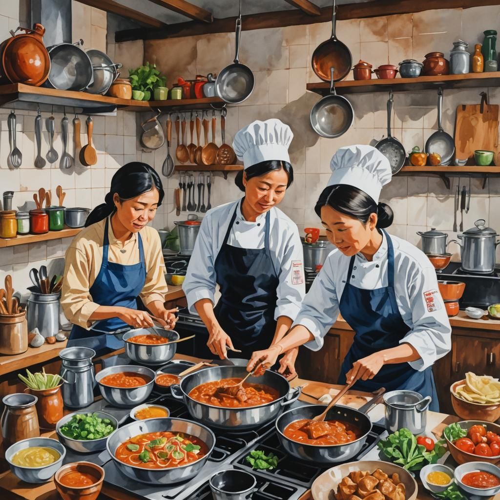 Detailed Gouache Painting of Cooking Scenery