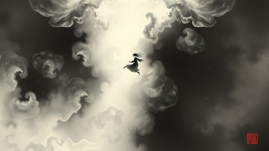 Lone Figure Defies Gravity in Dreamlike Chinese Ink Art