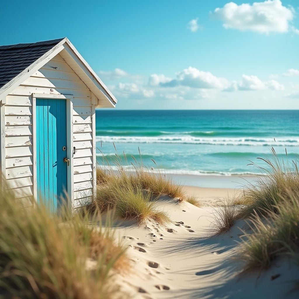 Serene Coastal Cottage in Soft White and Vibrant Blue