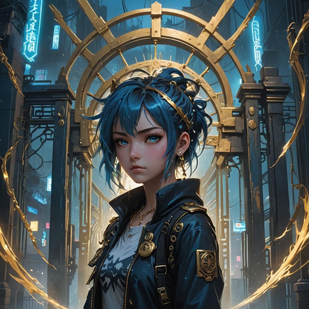 Cyberpunk Anime Girl with Blue Mist and Golden Gate