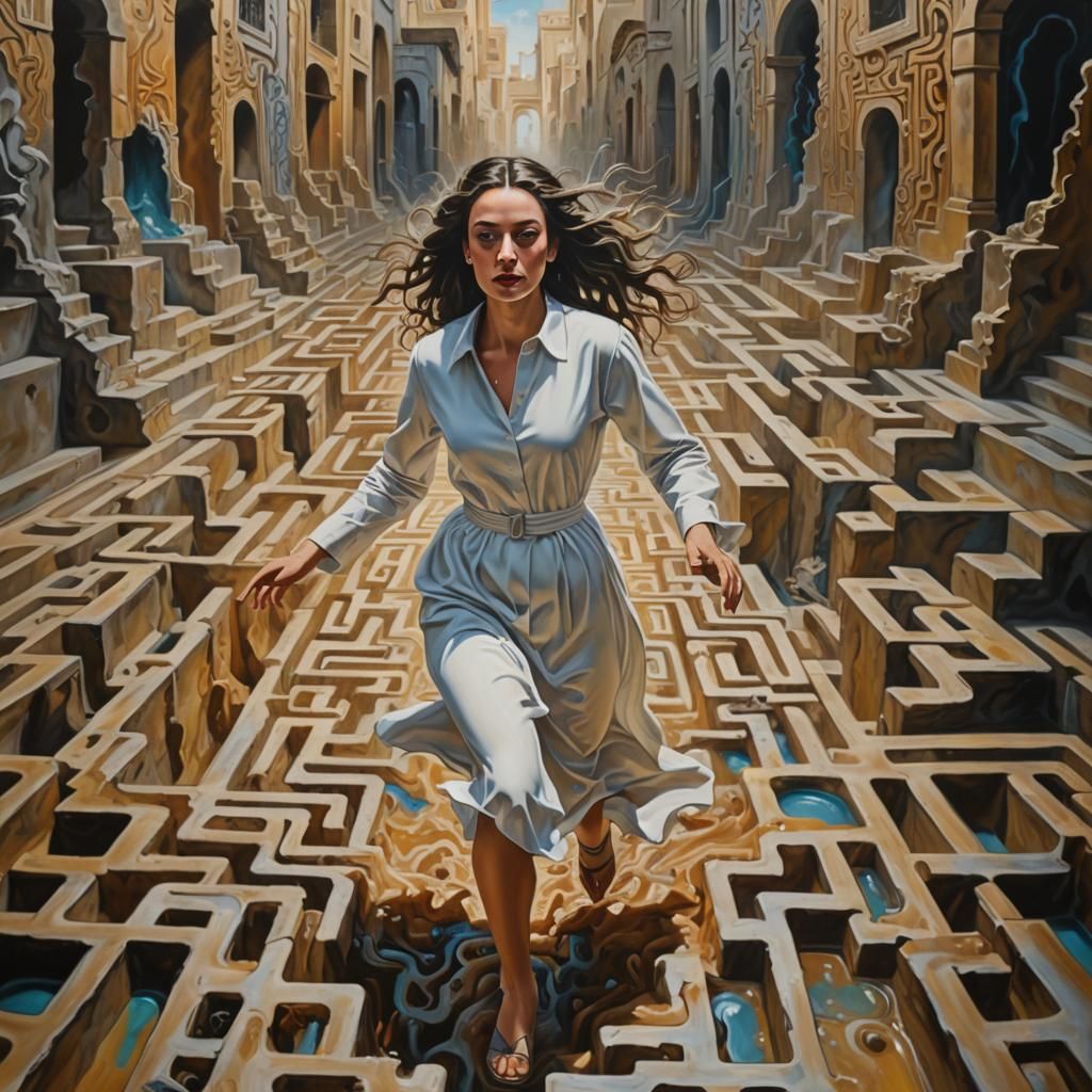 Woman in Labyrinth: Hyperrealistic Surrealism