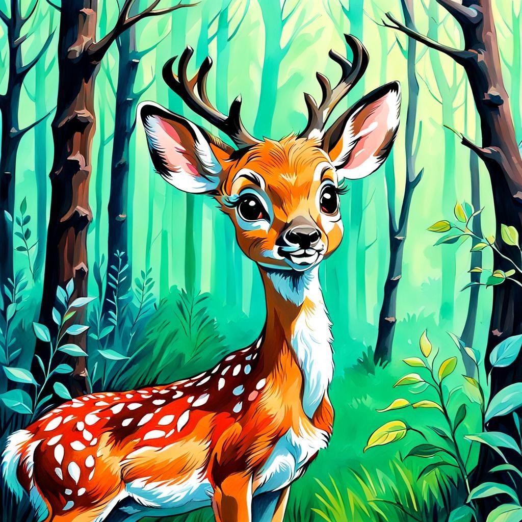 Detailed Gouache Painting of Bambi