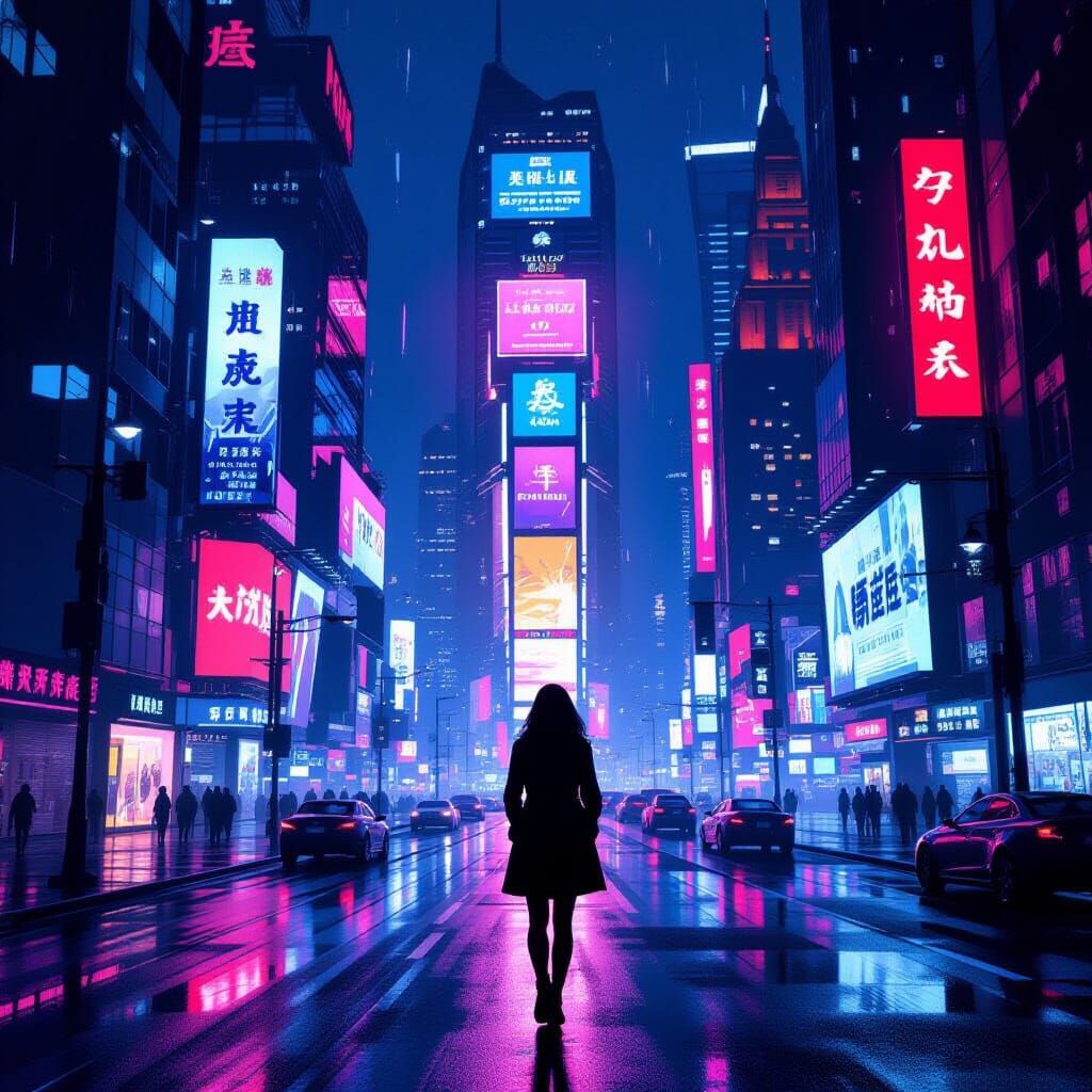 Woman on Neon City Street at Night