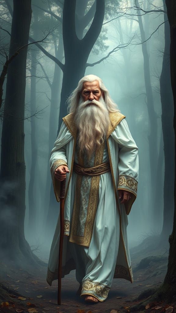 Romantic Elderly Wanderer Strides Through Mystical Forest