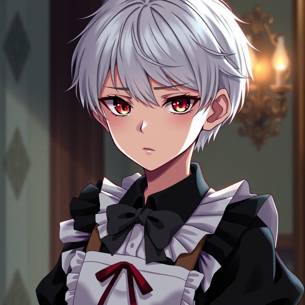 Elegant Anime-Style Boy in Classic Maid Uniform