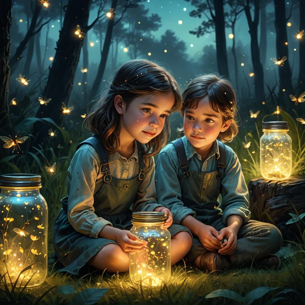 Children in Magical Forest with Fireflies at Night