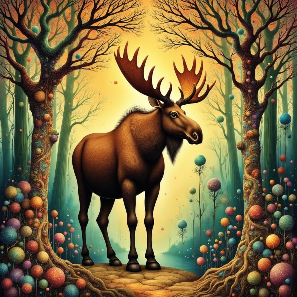 Surreal Moose in Vibrant Whimsical Forest