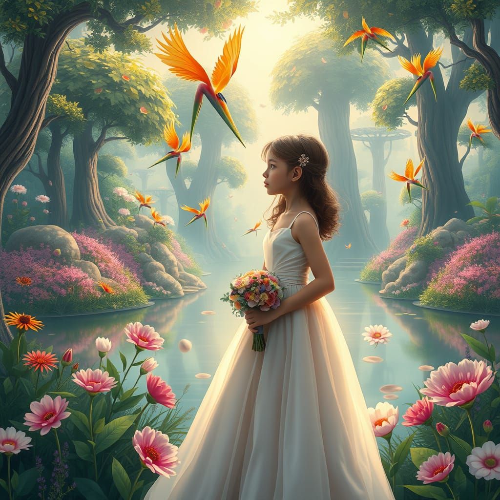 Girl in Fantasy Garden with Birds of Paradise
