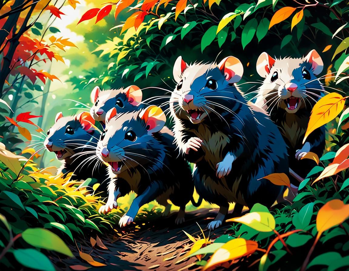 Rats Rushing Through Bushes in Anime Style