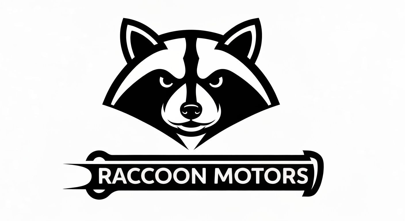 Raccoon Motors Logo: Minimalist Black and White Illustration