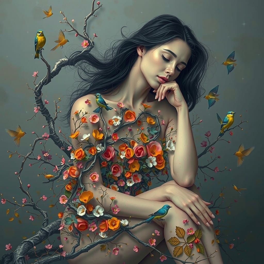 Surrealist Woman Emerges from Floral Landscape in Serene Con...