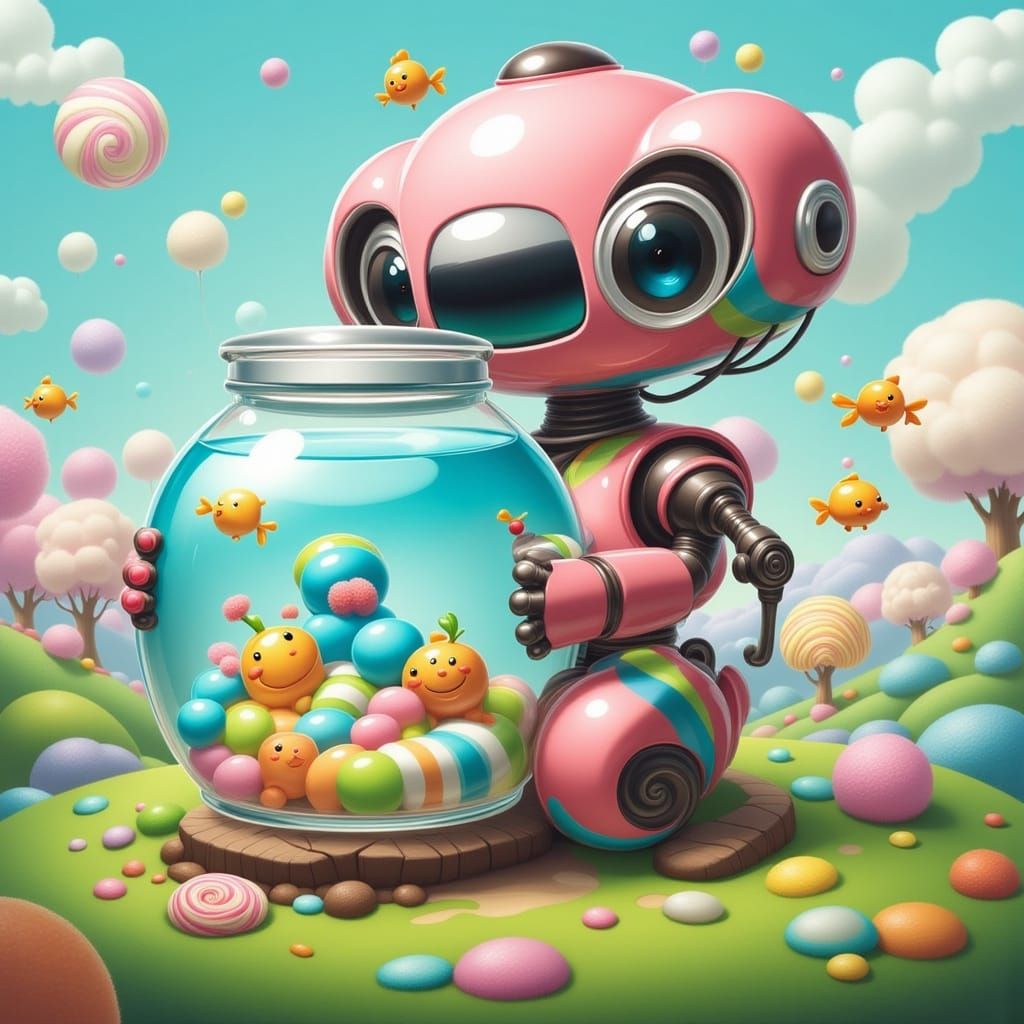 Cute Robot Holding Fishbowl