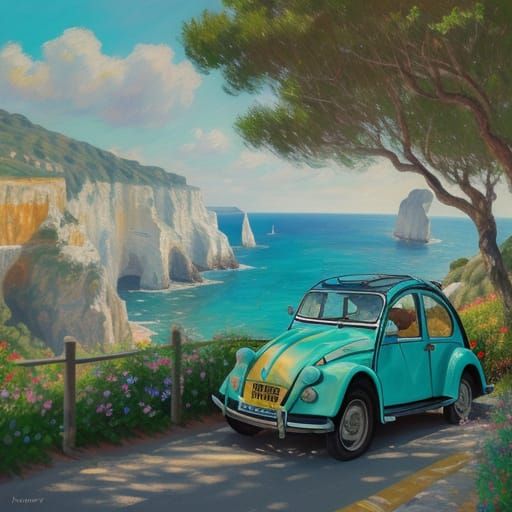 Impressionist Coastal Drive with Vintage Car