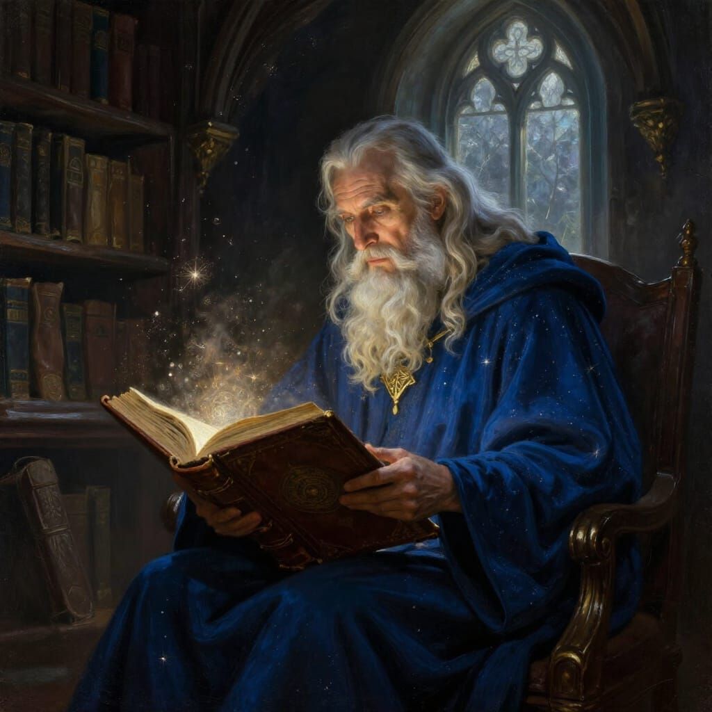Wise Mage Reading Glowing Grimoire in Ancient Library