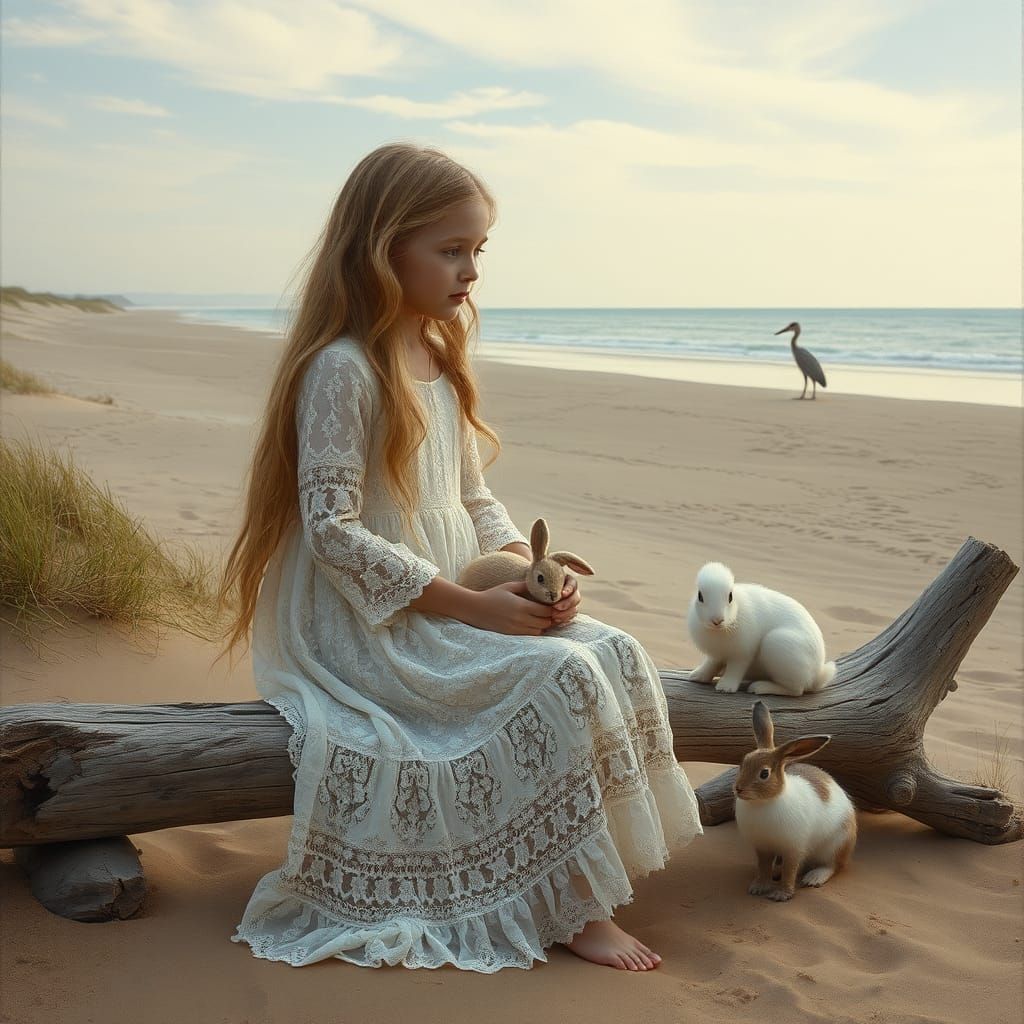 Girl with Hare on Beach in Impressionist Style