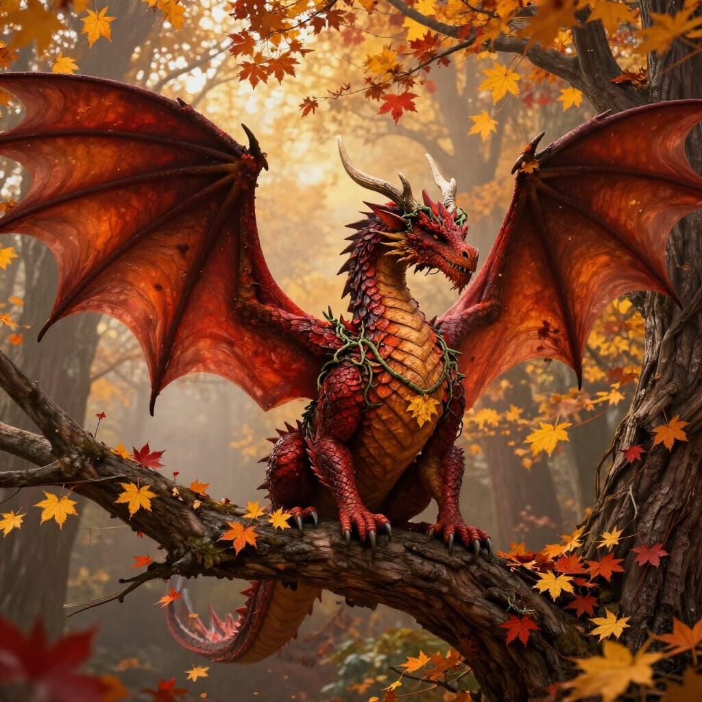 Majestic Autumn Dragon in Misty Forest
