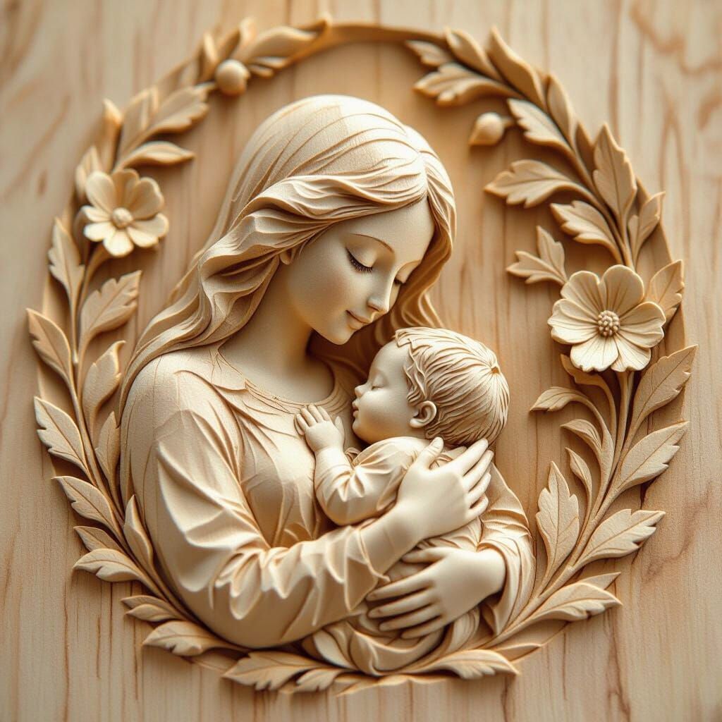 Macro Wood Carving: Mother and Newborn