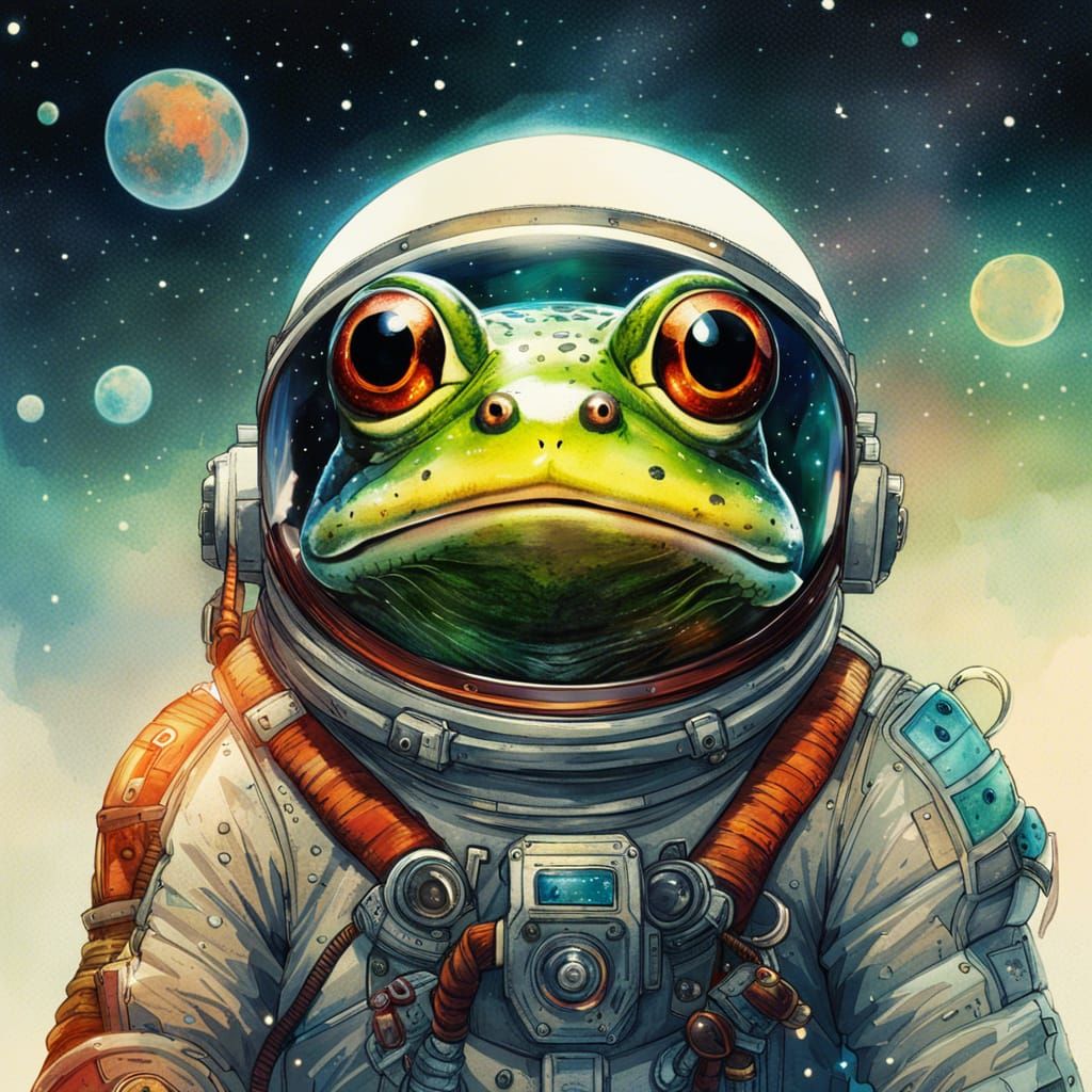 Adorable Frog Astronaut in Watercolor Anime Style