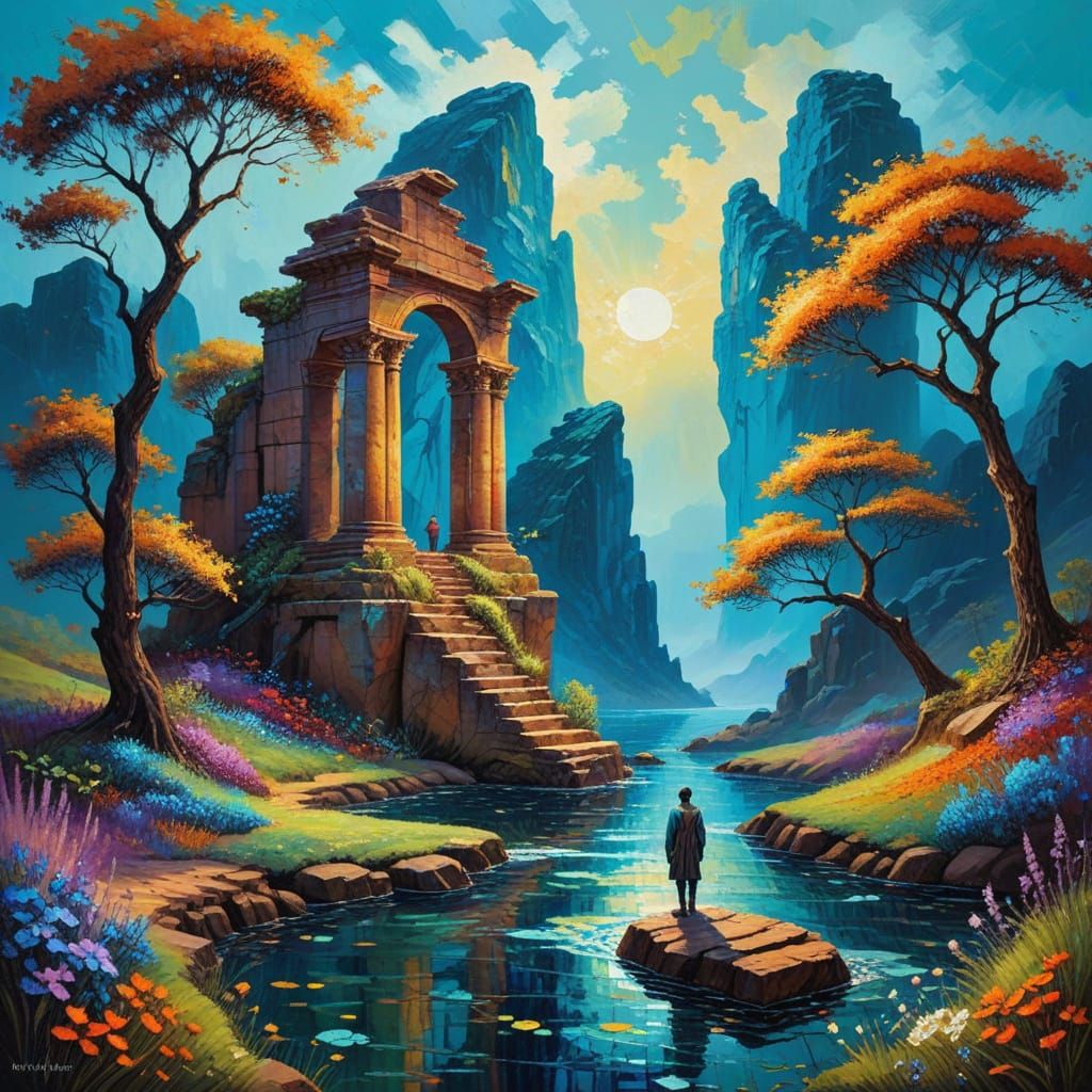 Surreal Floating Islands with Ruins and Cloaked Figure