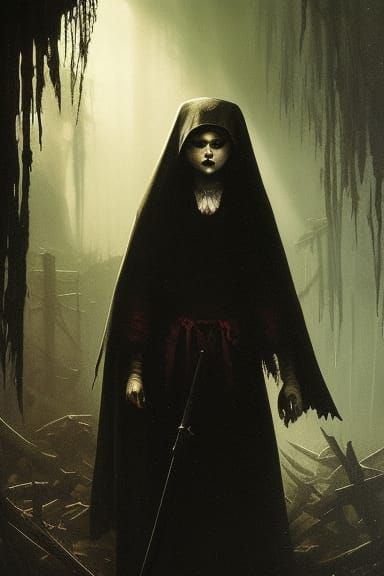 Terrifying Nun Doll in Dark Fantasy Horror Style