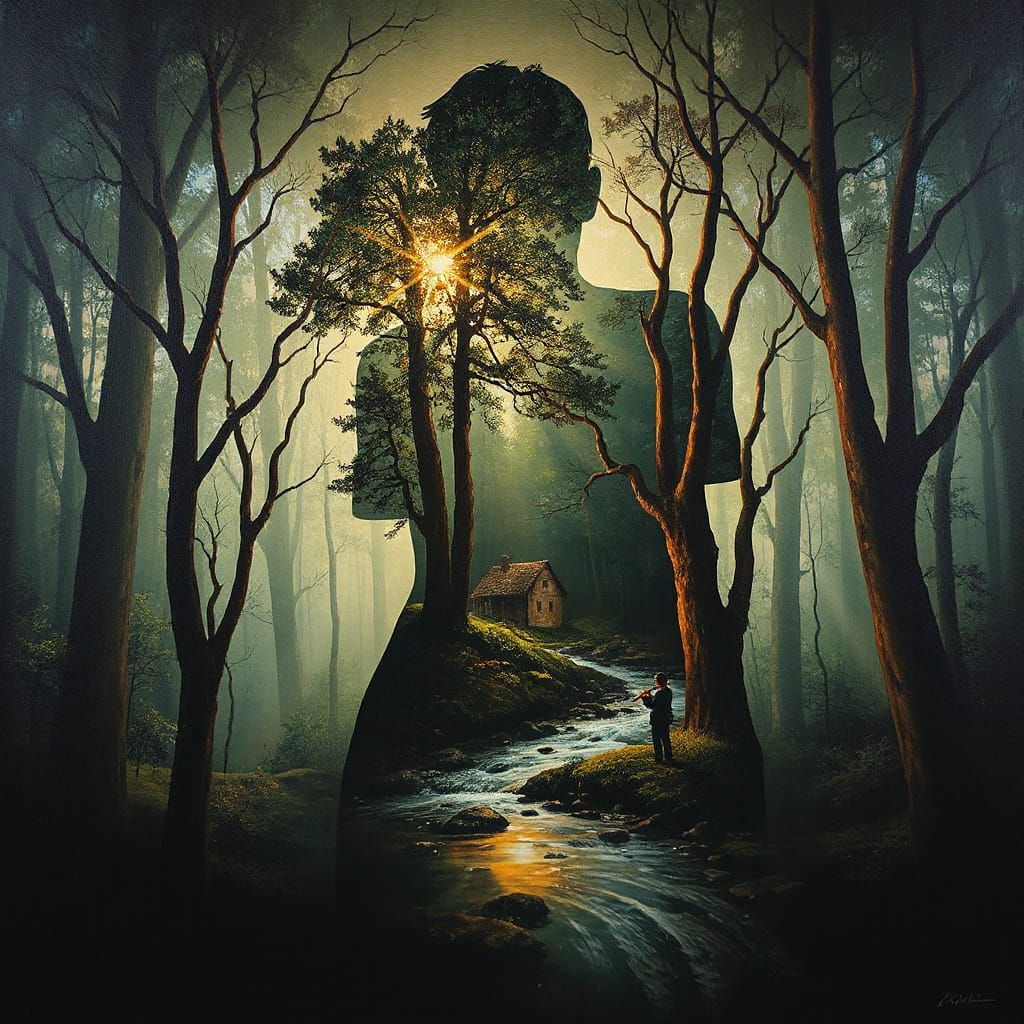 Surrealist Oil Painting of Forest Within Human Form
