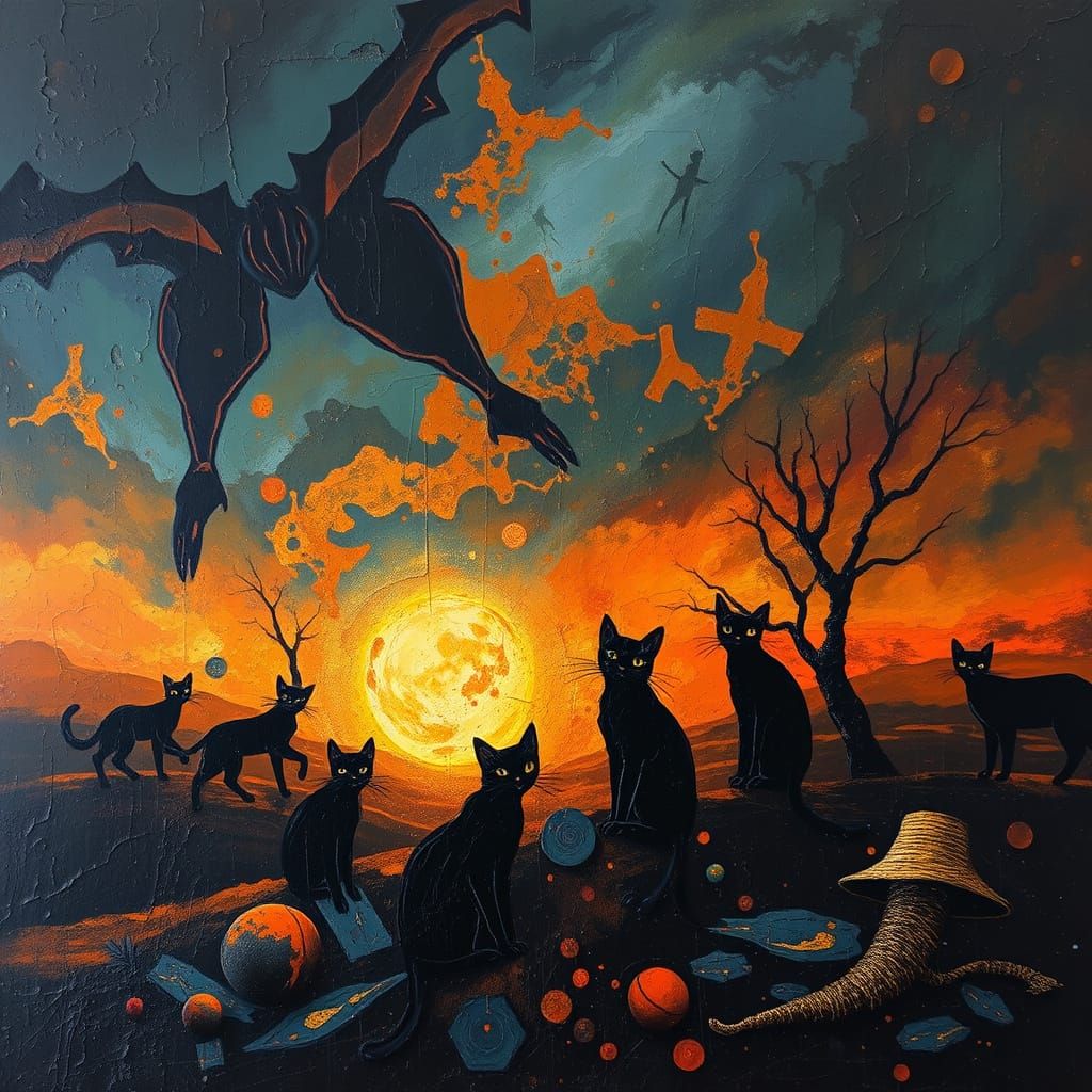 Mystical Black Cats in Expressionist Landscape