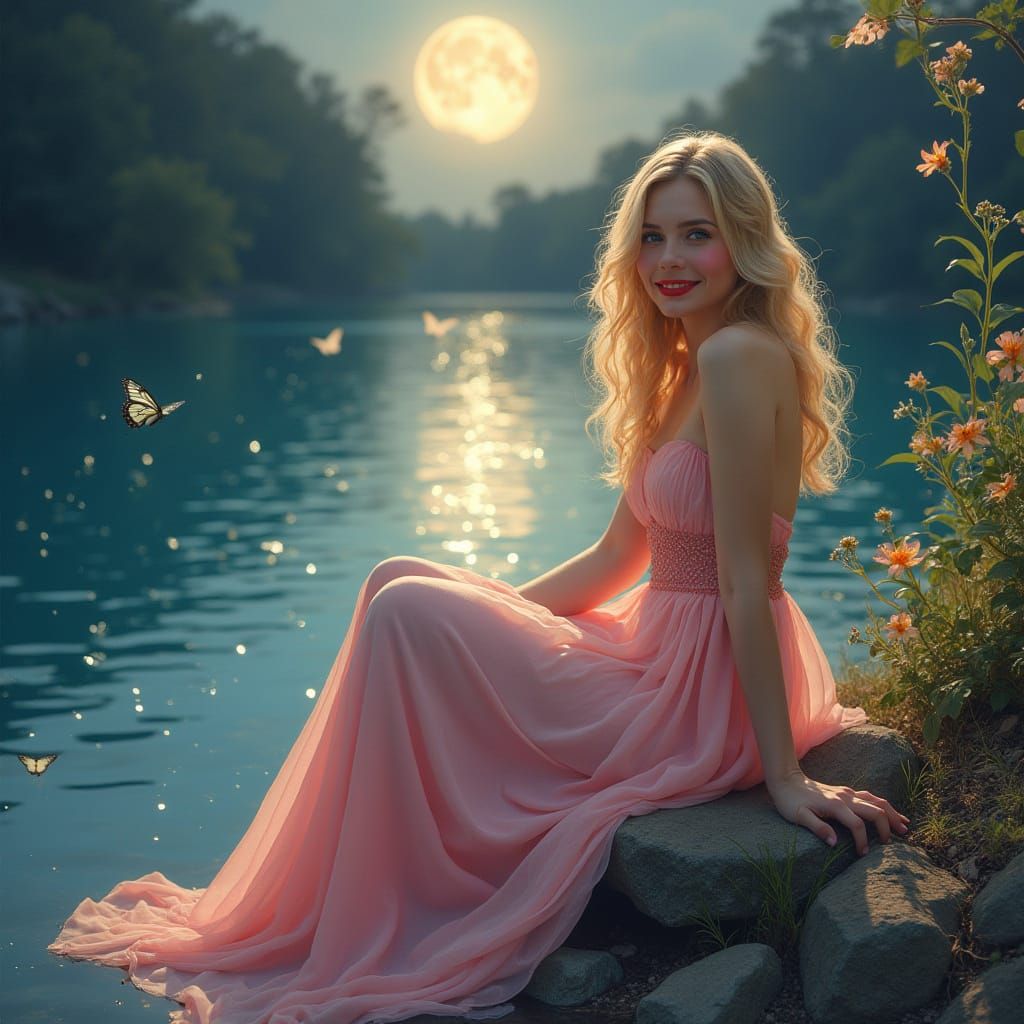 Ethereal Woman by Glimmering Lake, Art Nouveau Style