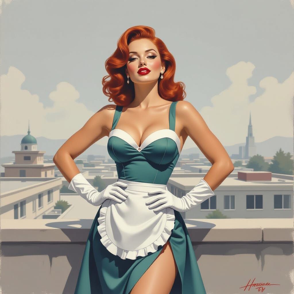 Redhead Pin-Up Woman in Retro-Futuristic Uniform on Motel Ro...