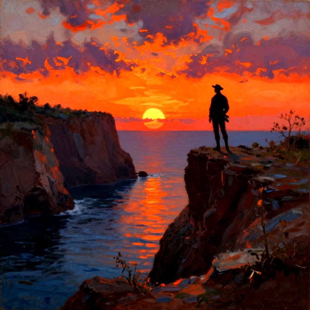 Privateer Captain Silhouetted Against Fiery Sunset Over Cove