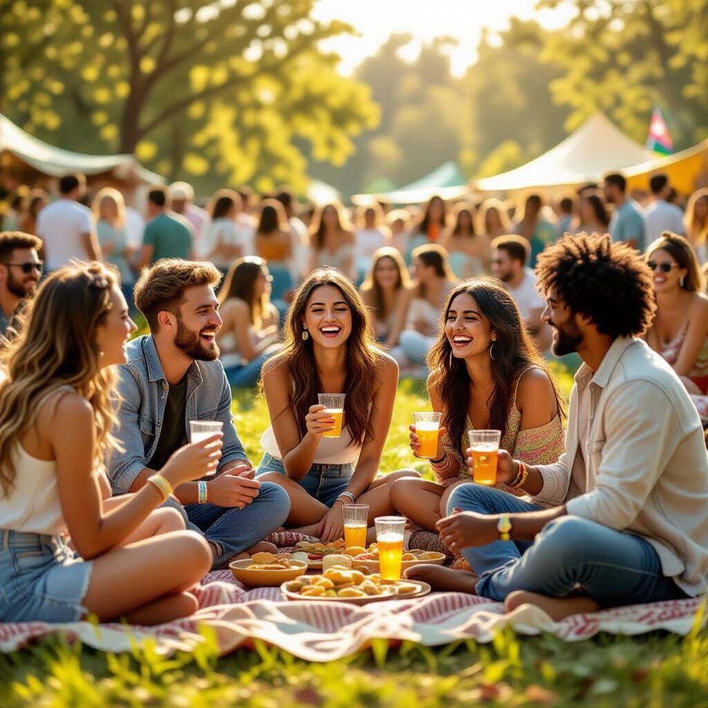 Diverse Friends Enjoying a Sunny Festival Meadow