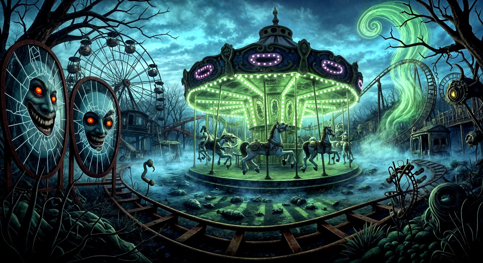 Surreal Abandoned Fairground in Sinister Fog