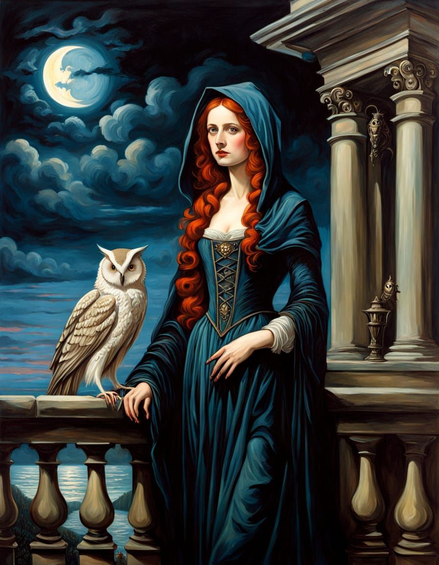 Gothic Ghost on Balcony in Pre-Raphaelite Style