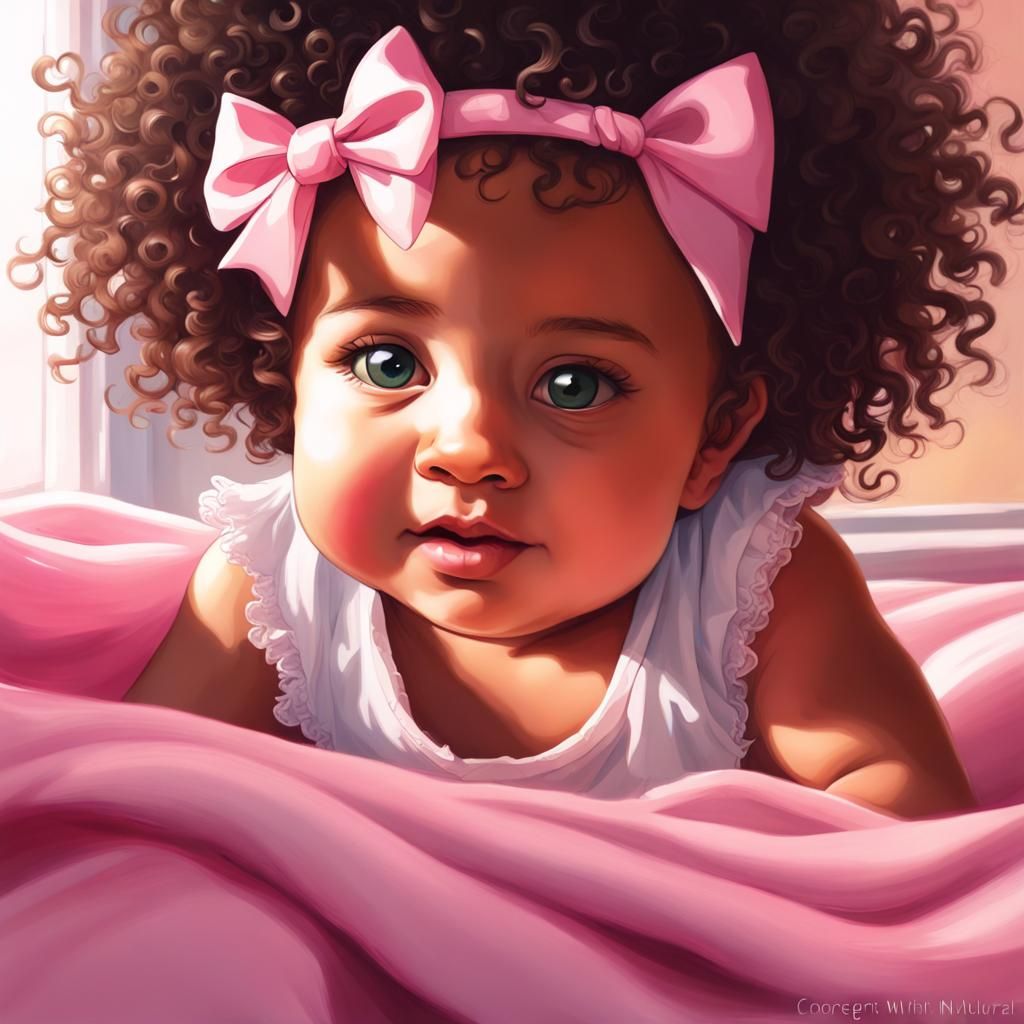 A beautiful biracial curly haired baby girl with a pink bow, eyes big with wonder, deep pink background, white baby bla...