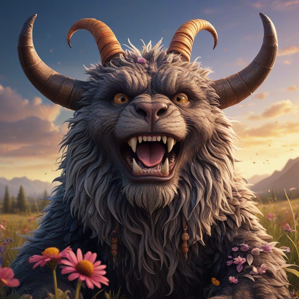 Fluffy Rainbow Beast Tumbling Through Flower Meadow