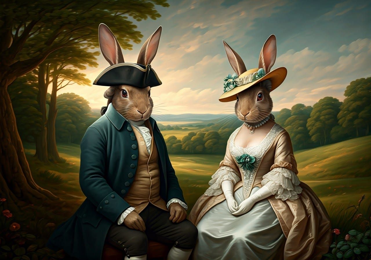Elegant Rabbit Couple in 18th-Century Oil Painting Style
