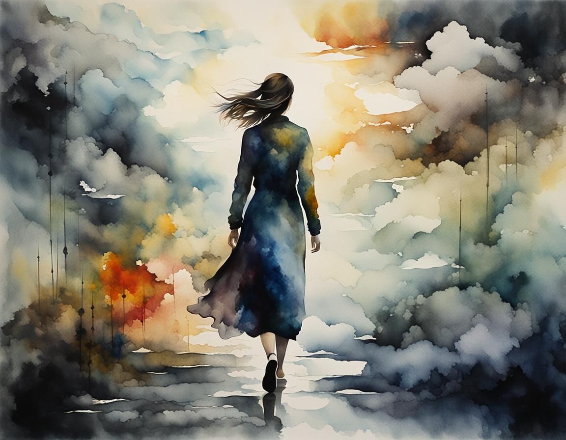 She is walking through the clouds