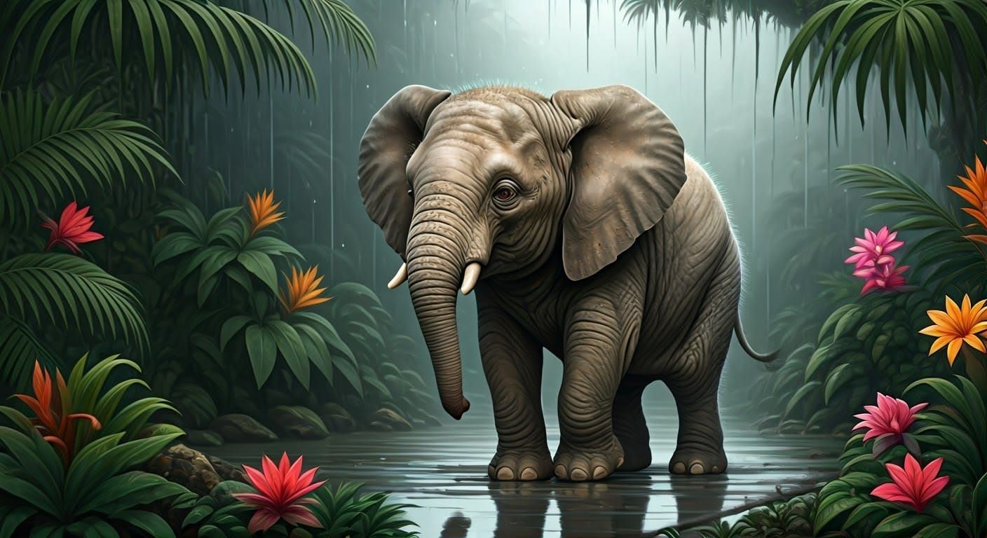 Baby Elephant Frolics in Jungle, Naive Art Style