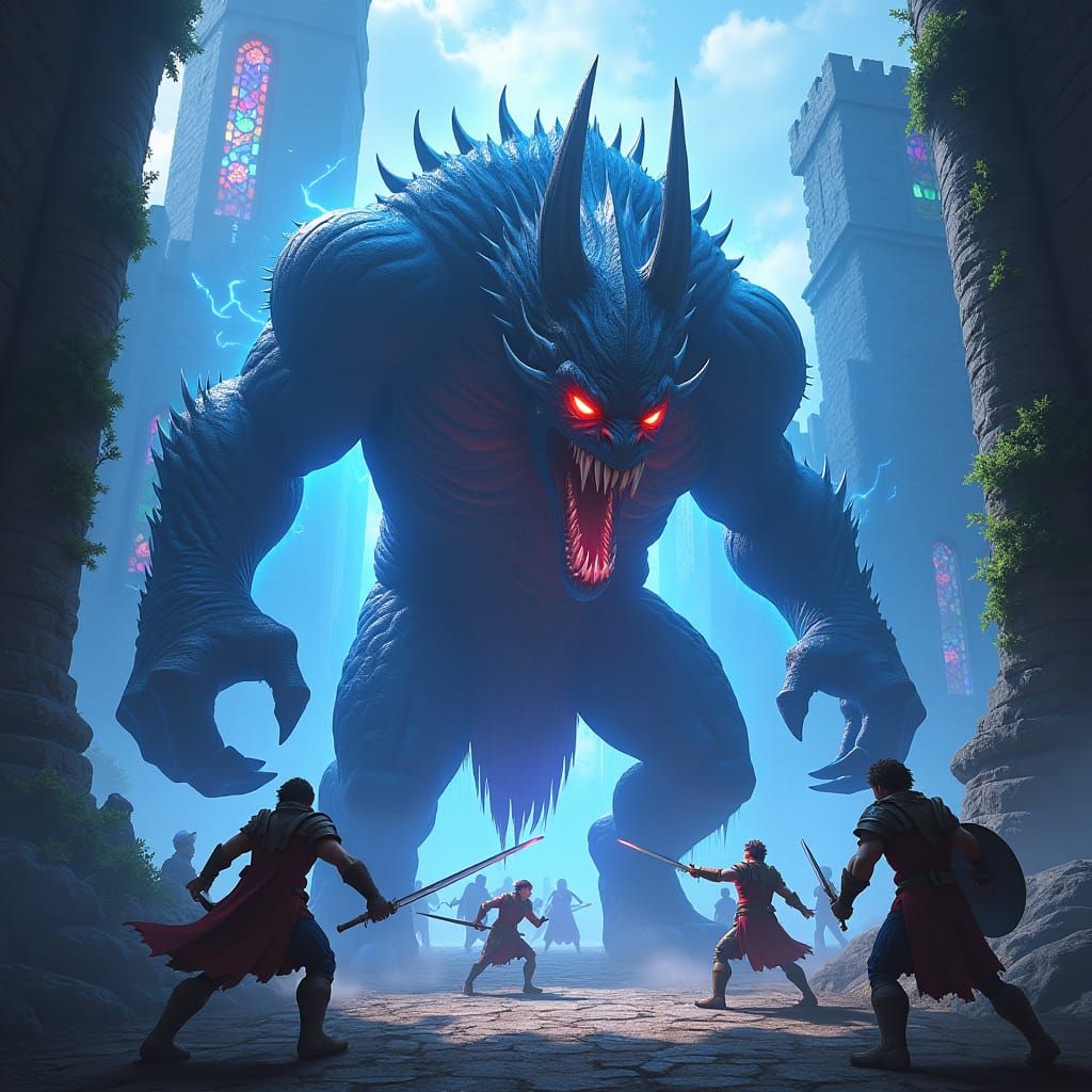 Demon Battle in Ruined Castle: Anime Concept Art