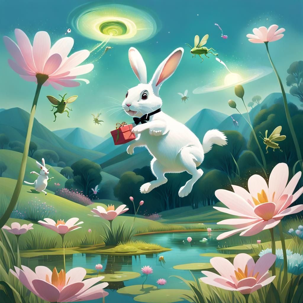 Whimsical Bunny and Friends in Fantasy Landscape