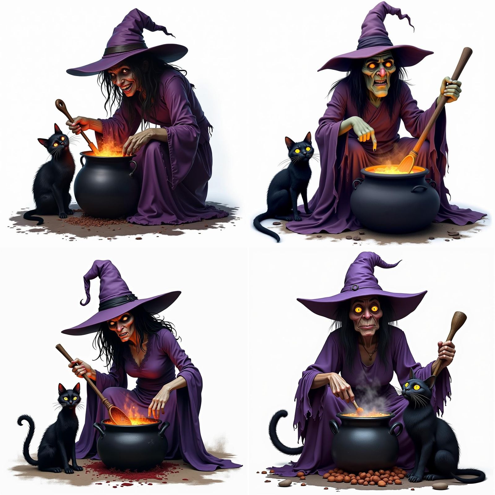 Sinister Witch Stirring Cauldron with Black Cat