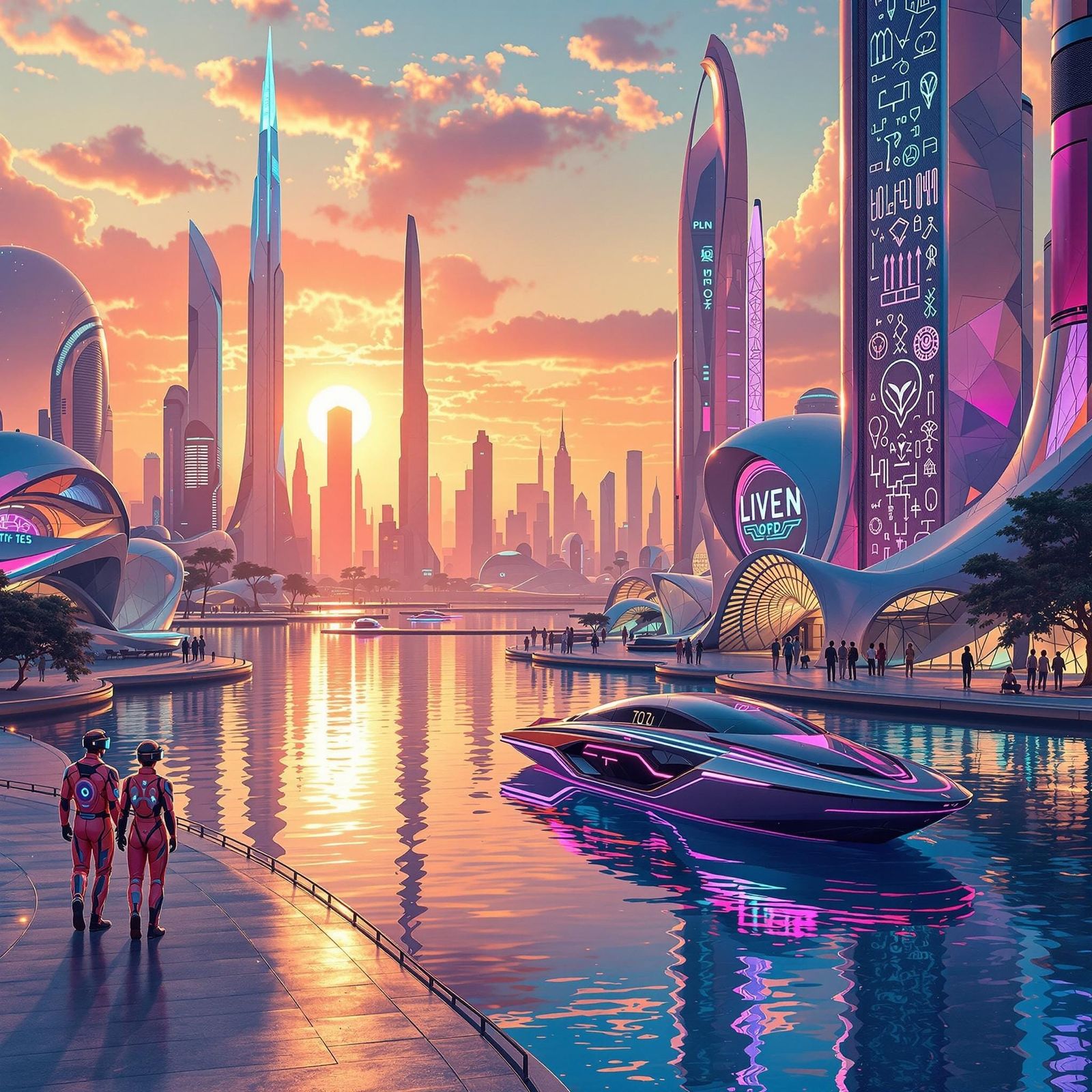 Futuristic Cityscape at Sunset with Advanced Tech and Alien ...