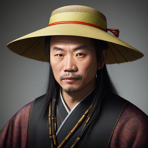 A chinese Taoist man who wear bamboo hat.