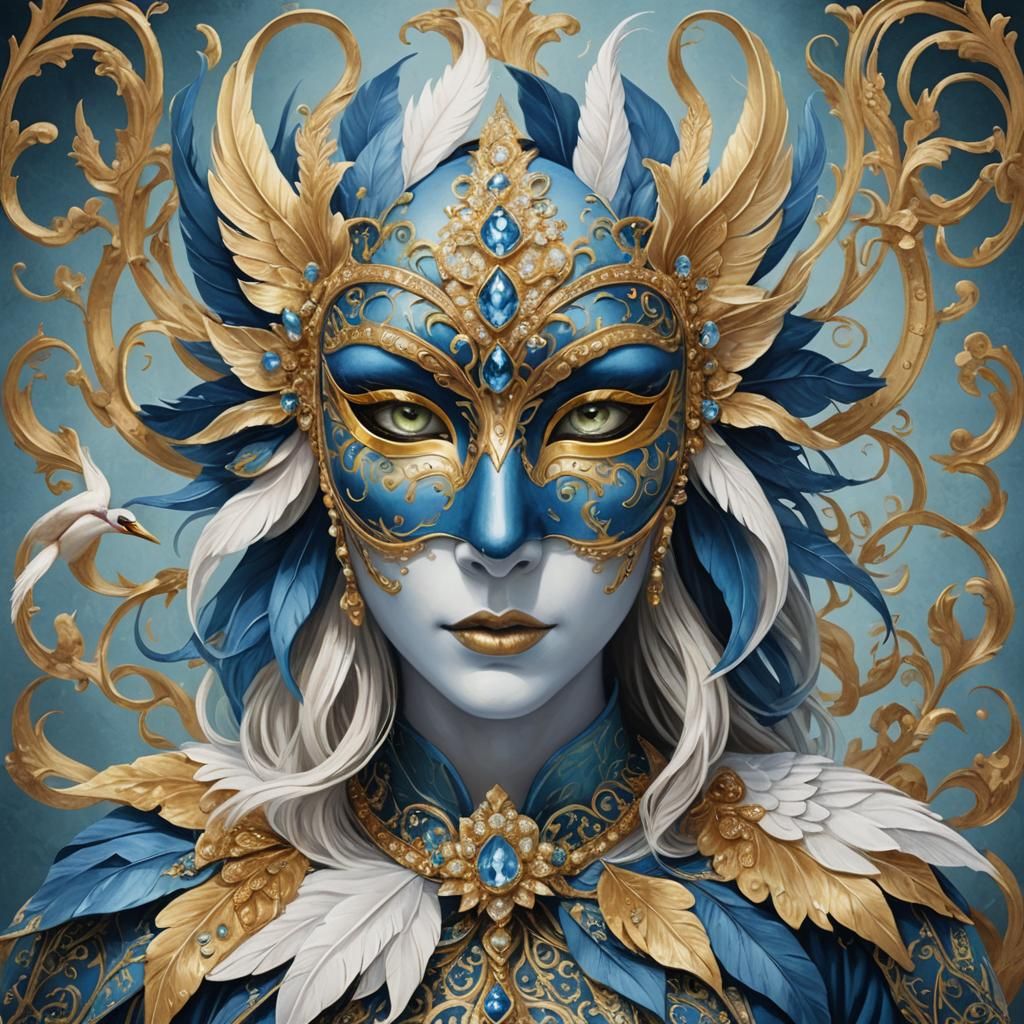 Blue Venetian Mask with Swan Wings Digital Art