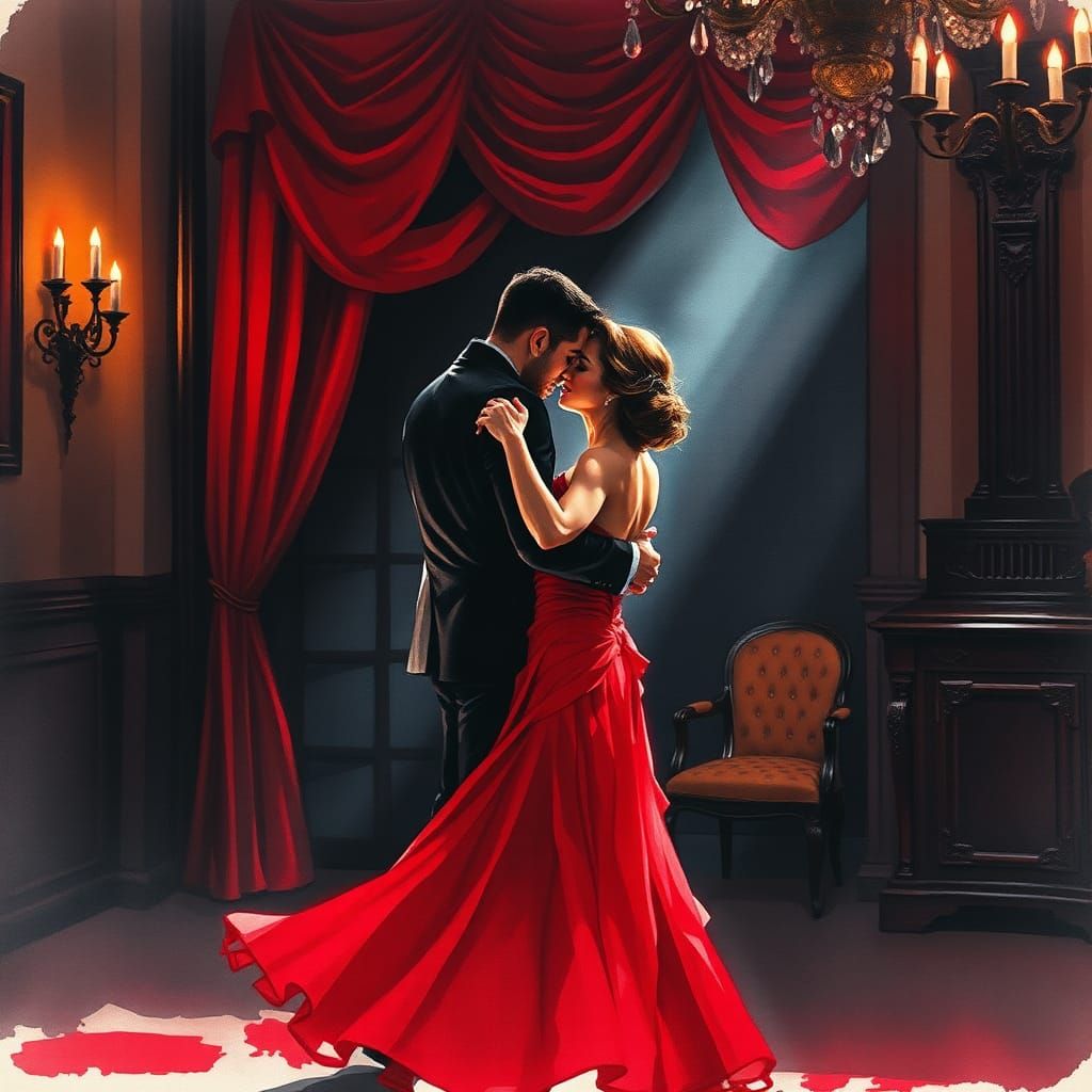 Passionate Tango in Grand Ballroom, Watercolor Painting
