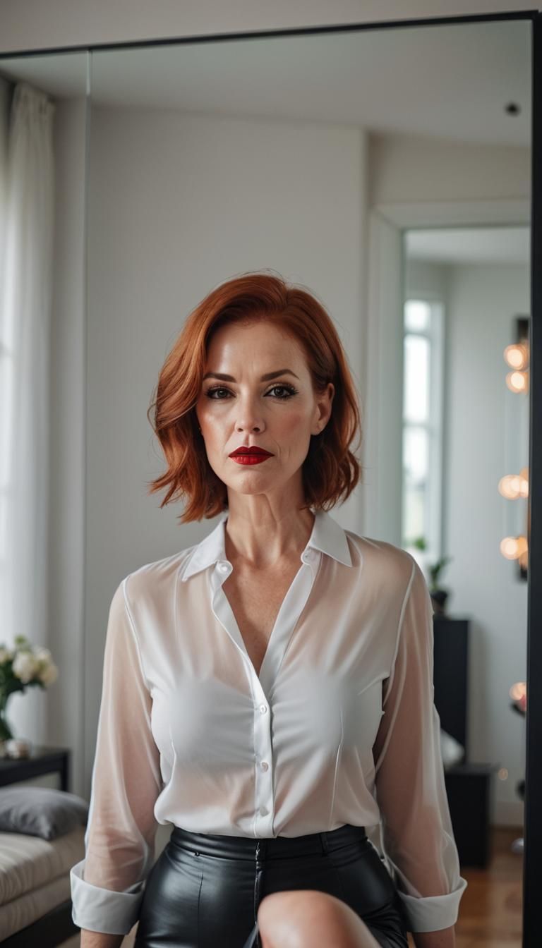 Realistic Redhead Portrait in Modern Bedroom
