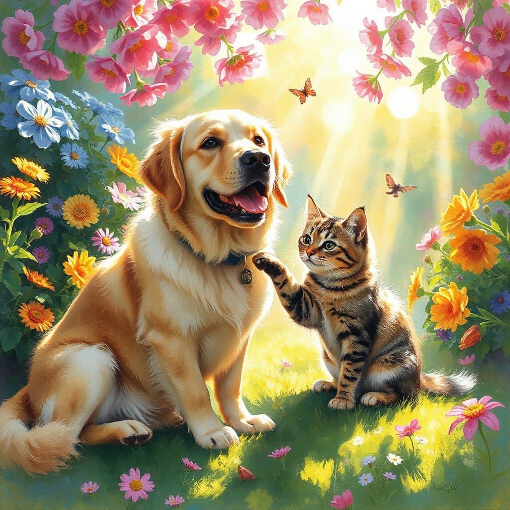Joyful Canine and Feline Friends Unite in Vibrant Garden Sce...