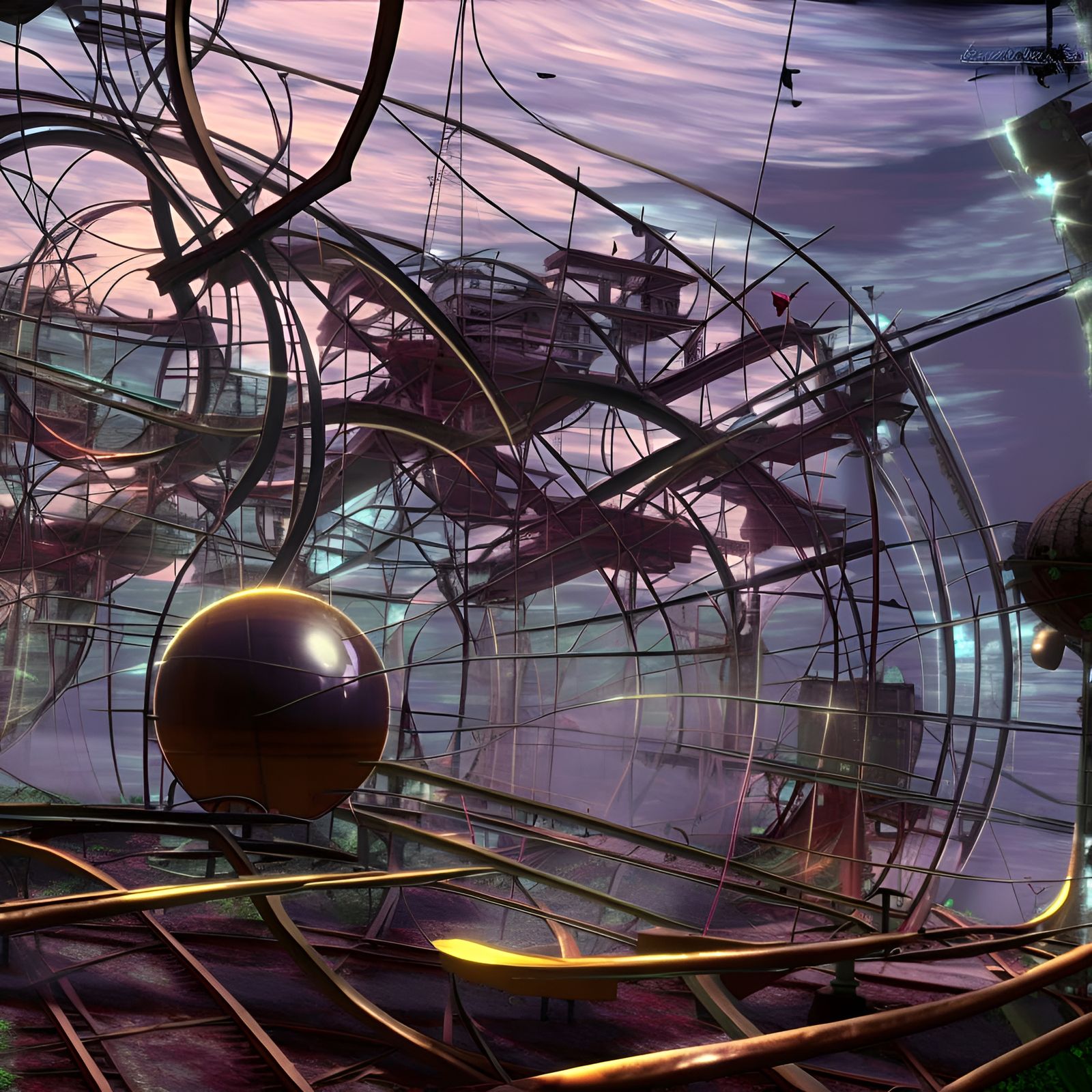 Dieselpunk Orrery in Overgrown Rail Yard, Ghibli Style