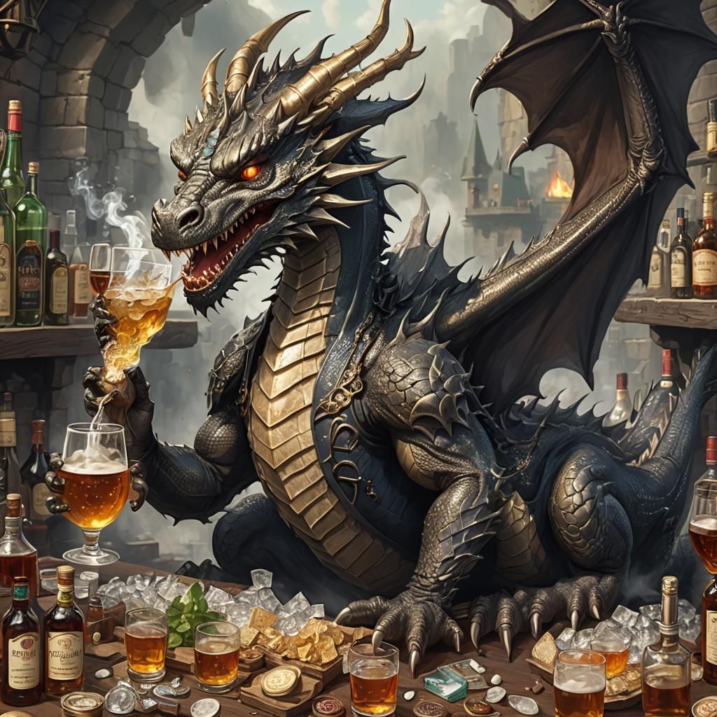 Boozy Dragon Chain Smoking: Fantasy Art